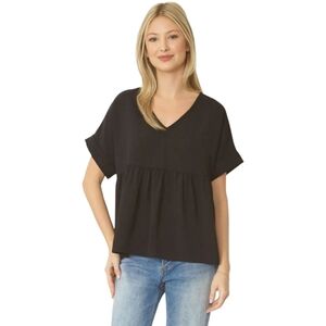 Black Textured Babydoll Peplum Top Sz M Flowy Oversized Casual Chic